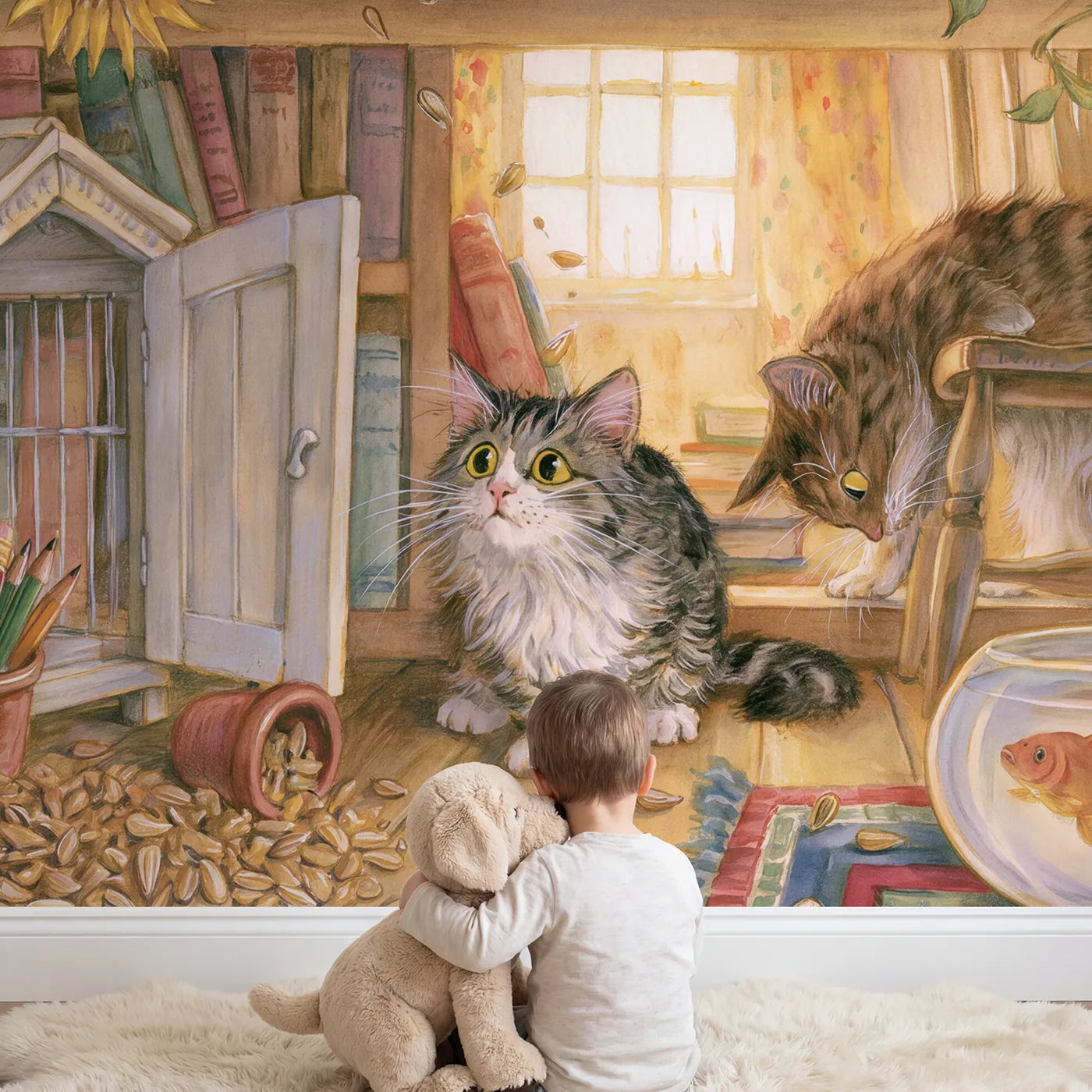 Child in nursery with The Hamster's Great Escape Wallpaper Mural by Whimsy Tots