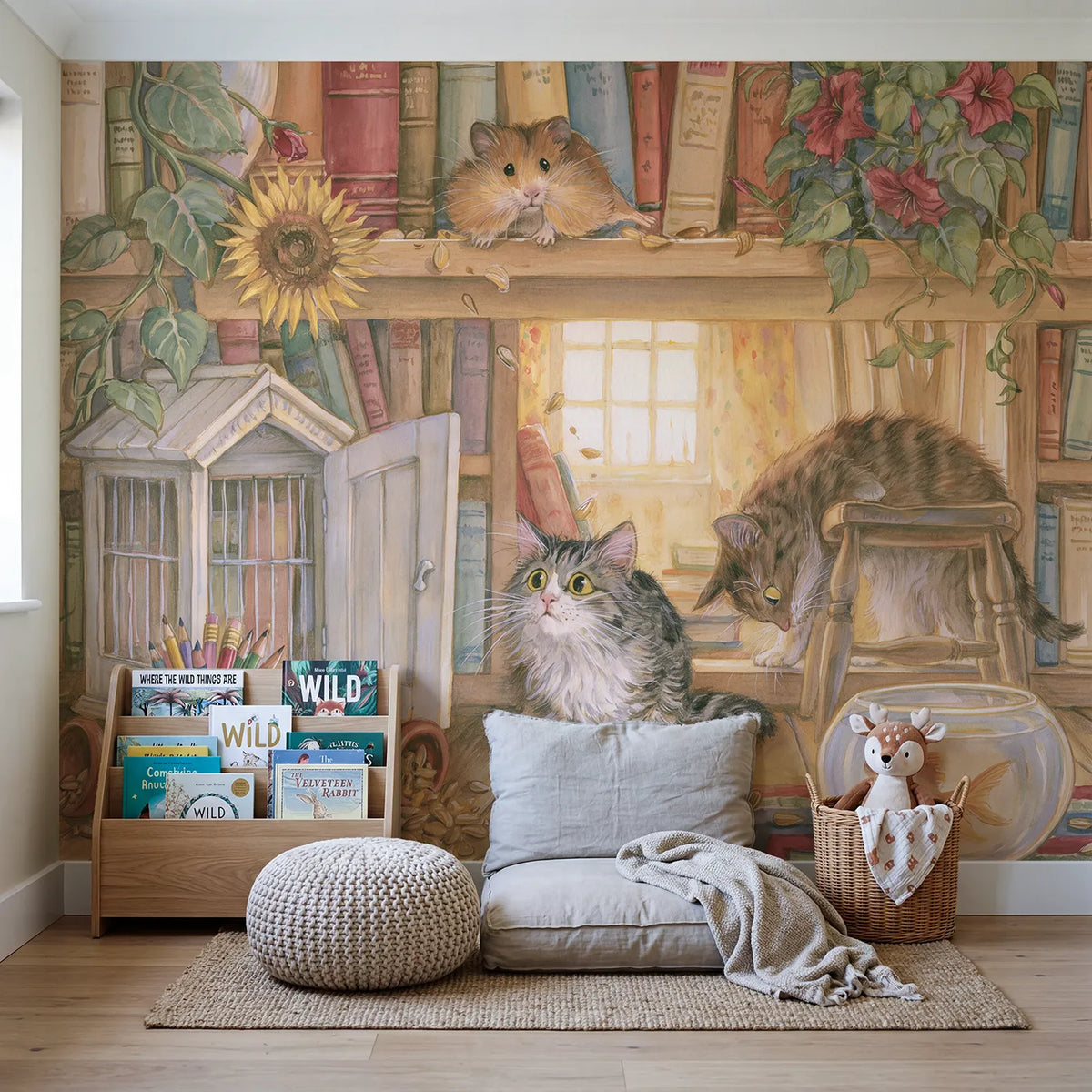 The Hamster's Great Escape Wallpaper Mural in playroom setting by Whimsy Tots
