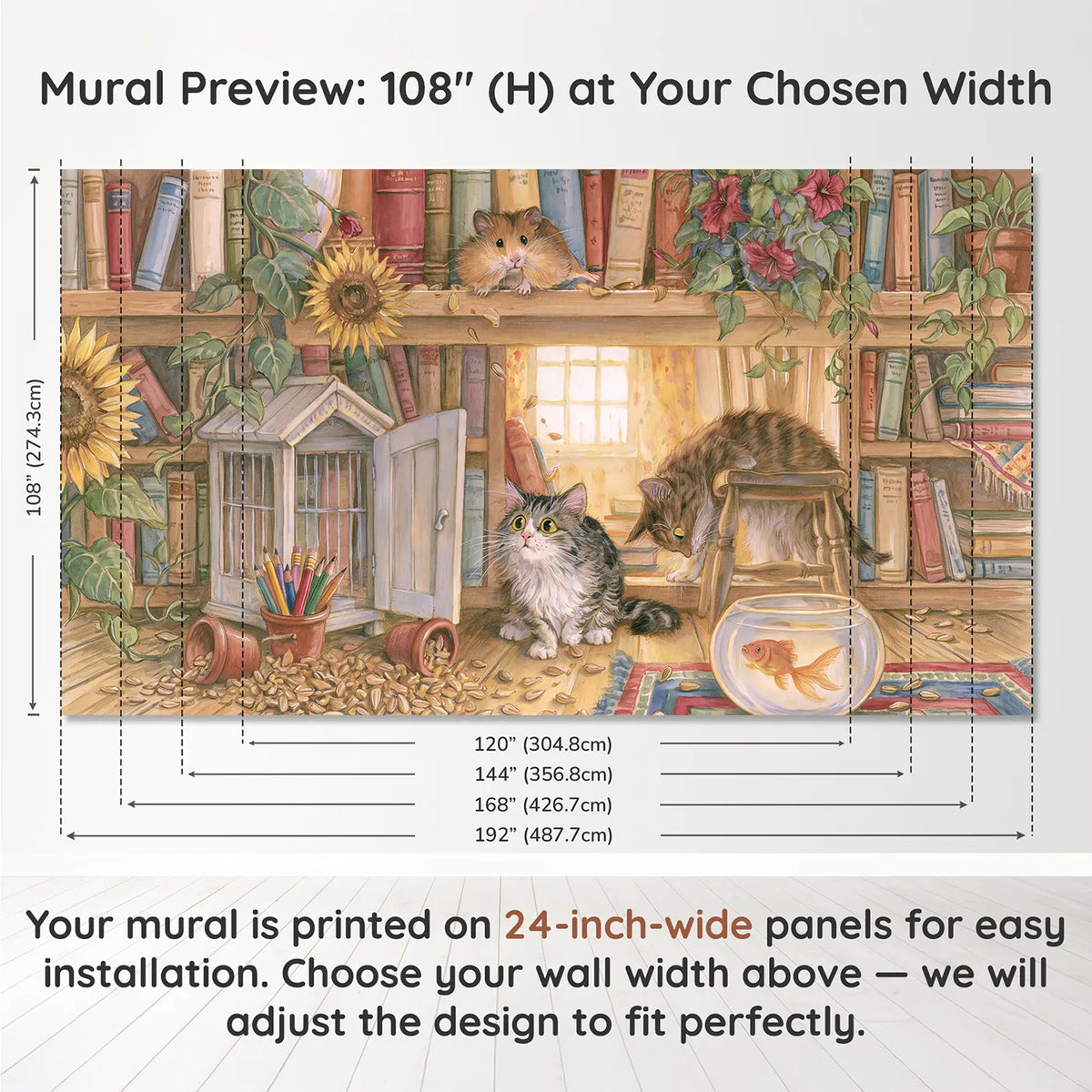 Panel layout and dimensions for The Hamster's Great Escape Wallpaper Mural by Whimsy Tots
