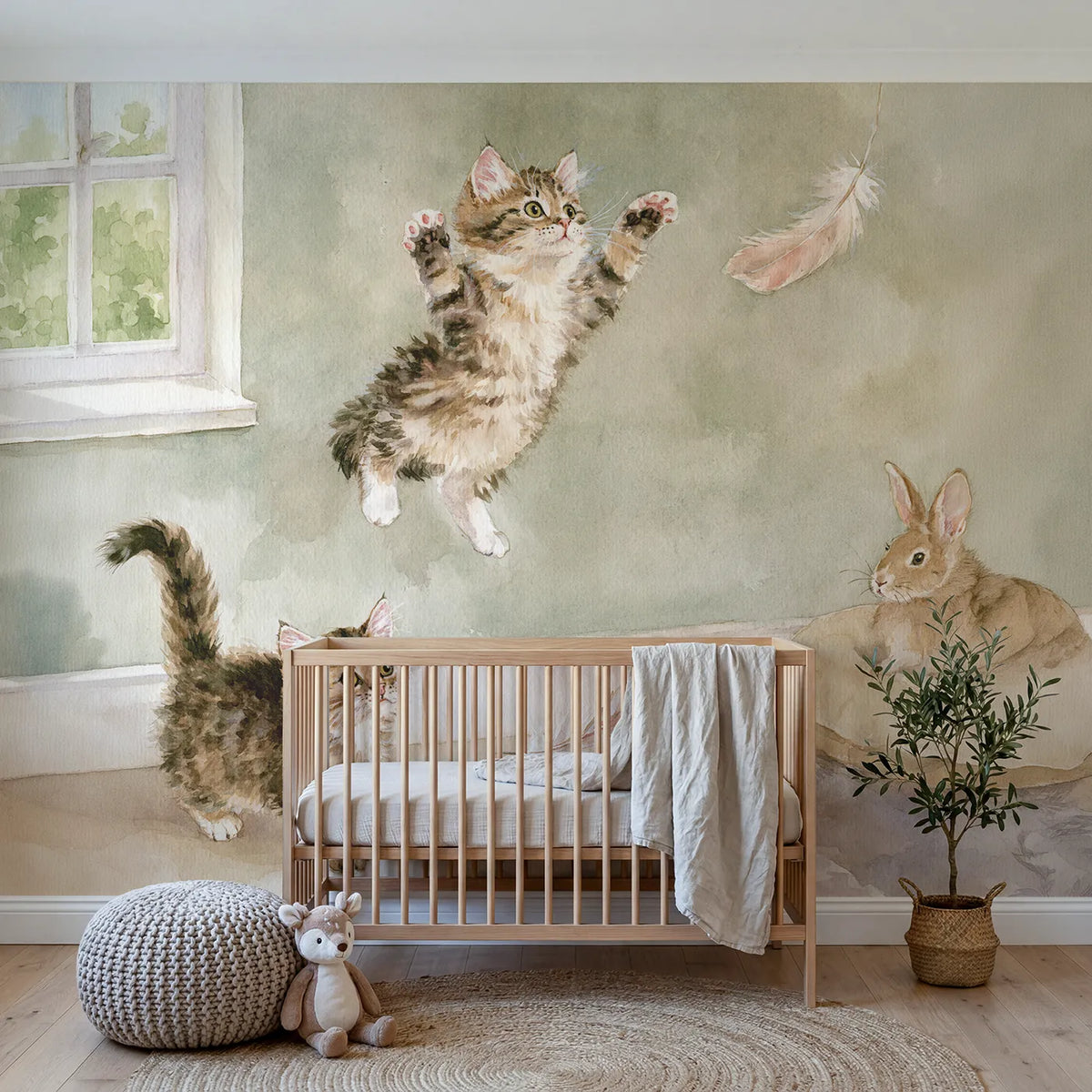 Watercolor kitten leaping for a feather wand, wall mural for a shared kids room by Whimsy Tots