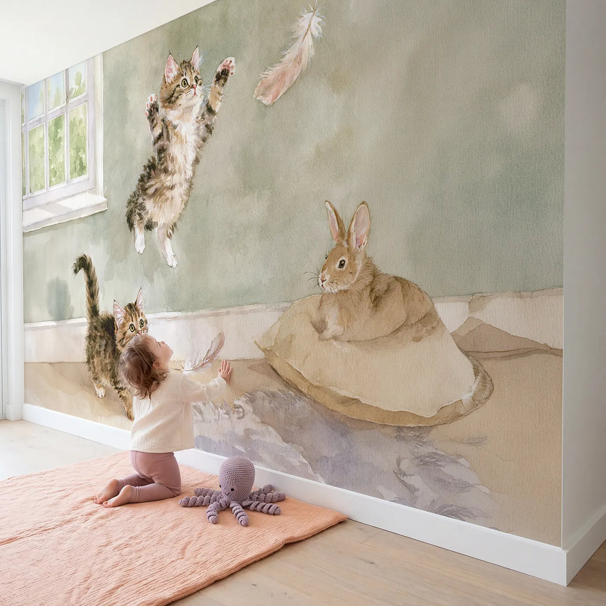 Child in nursery with The Feather Wand Game Wallpaper Mural by Whimsy Tots