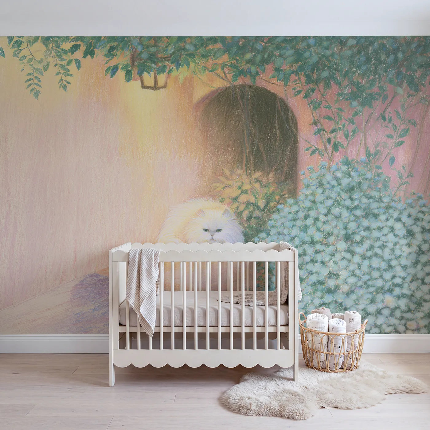 Colored-pencil wall mural of a fluffy persian cat by Whimsy Tots