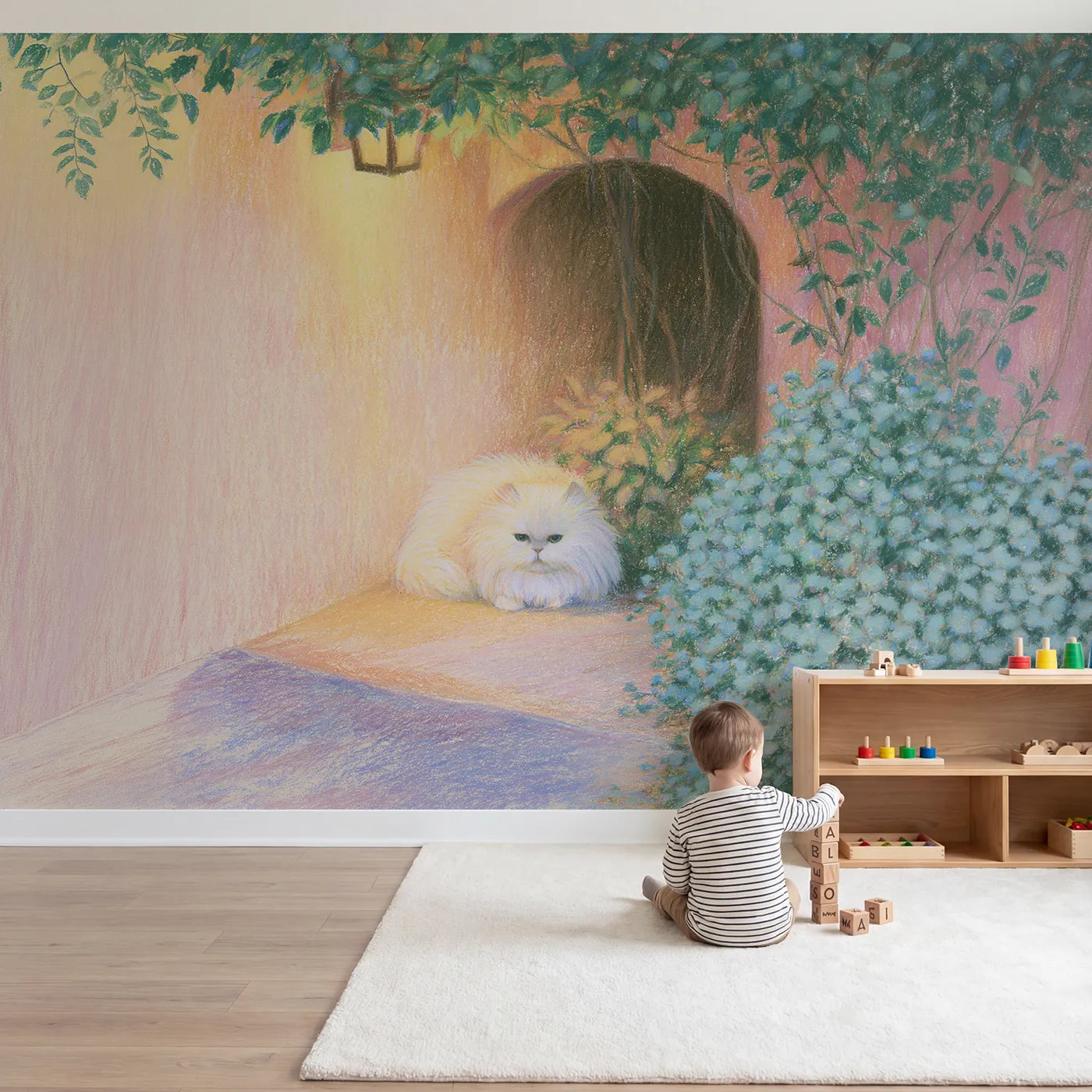 Child in nursery with Fluffy Persian Cat Wallpaper Mural by Whimsy Tots