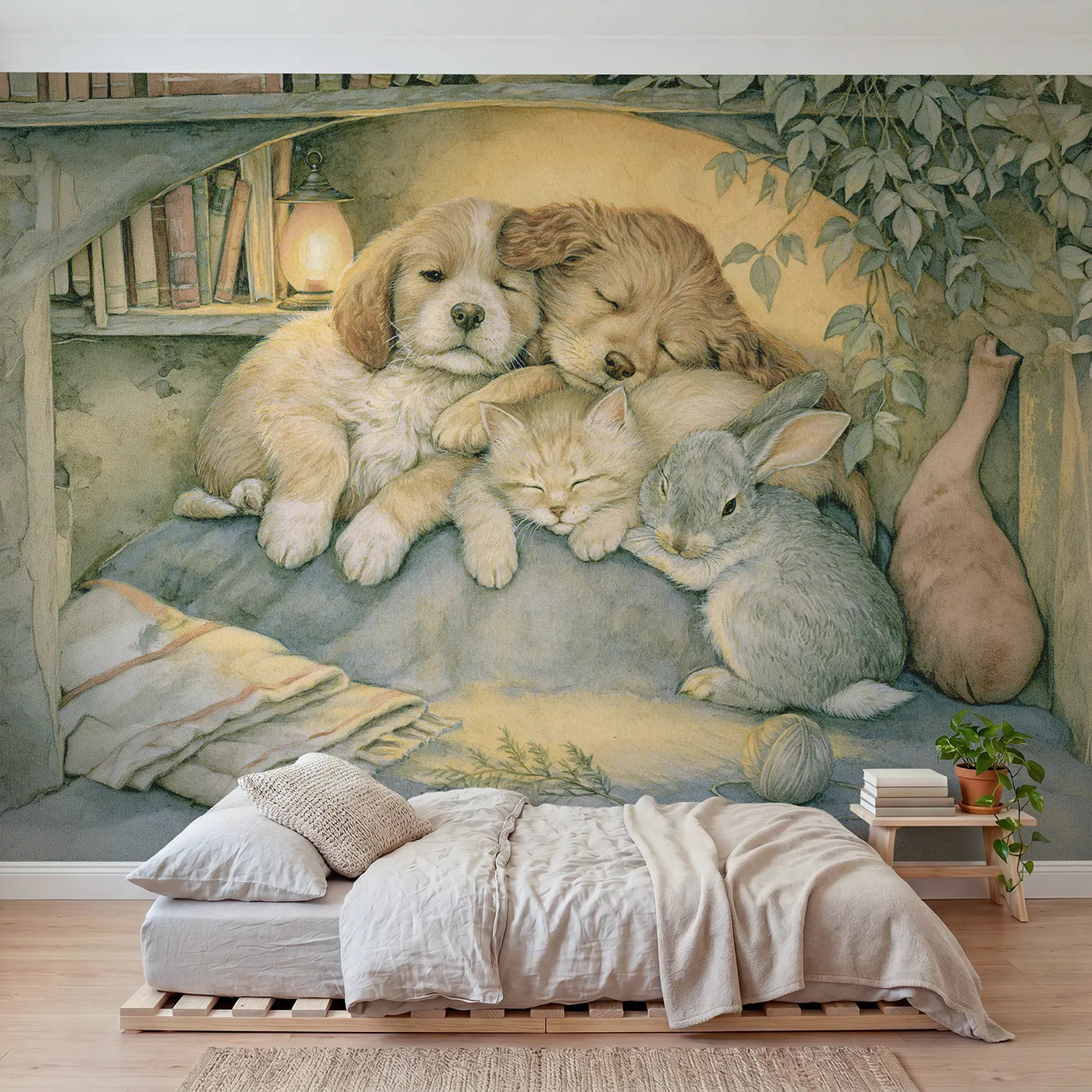 Storybook wall mural of good night pets in lamplight by Whimsy Tots