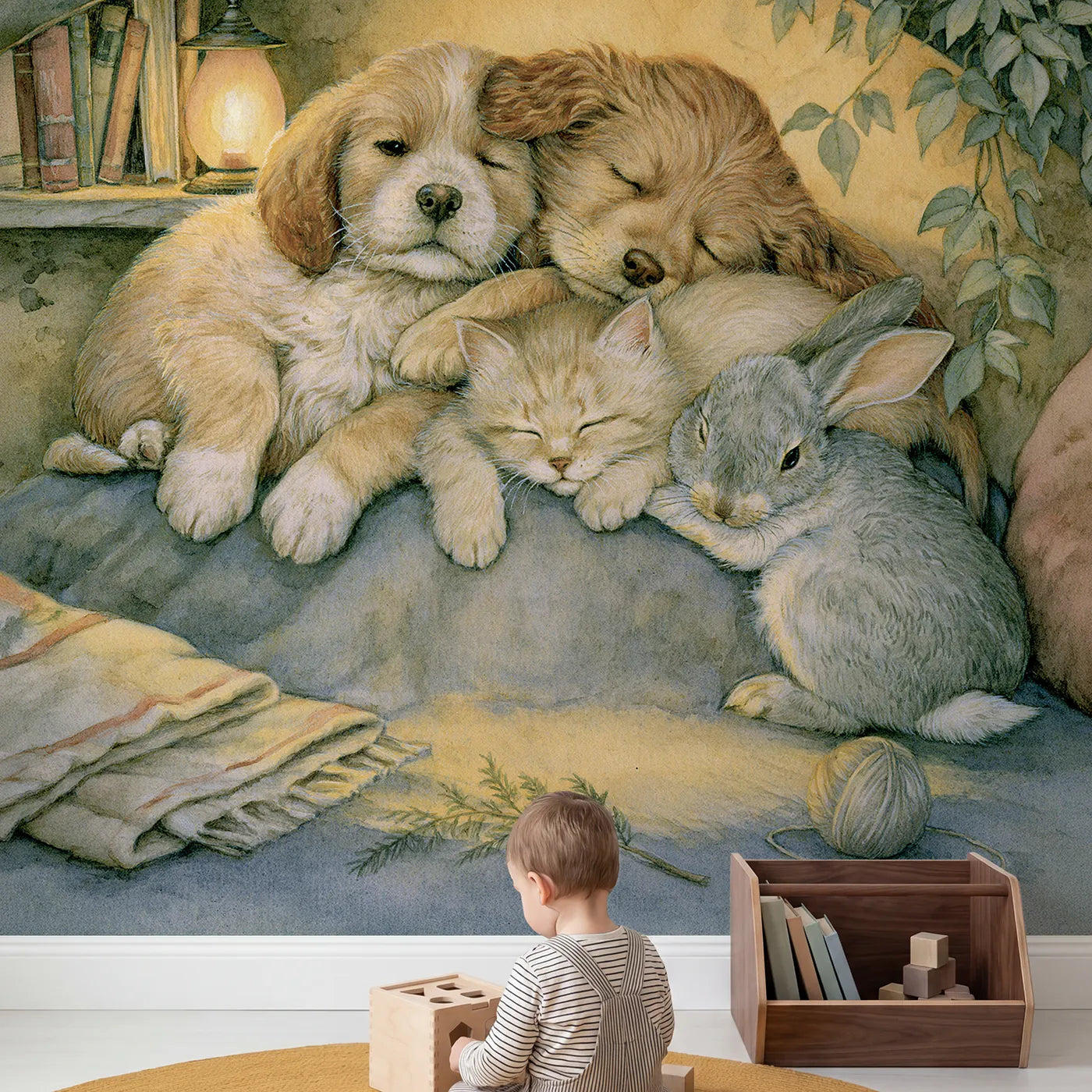 Child in nursery with Good Night Pets Wallpaper Mural by Whimsy Tots