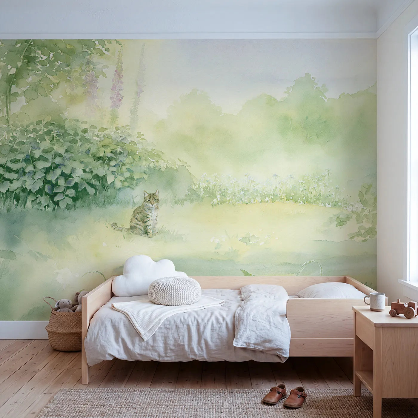 Watercolor wall mural of a misty cat garden by Whimsy Tots