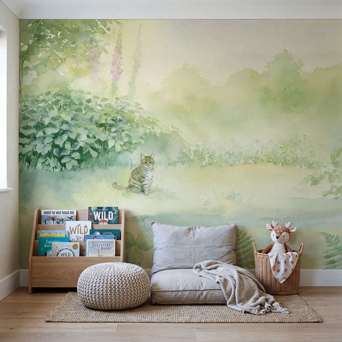 Misty Cat Garden Wallpaper Mural in playroom setting by Whimsy Tots