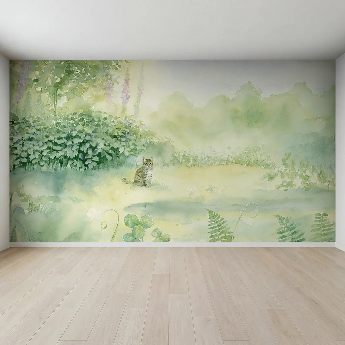 Full view of Misty Cat Garden Wallpaper Mural by Whimsy Tots