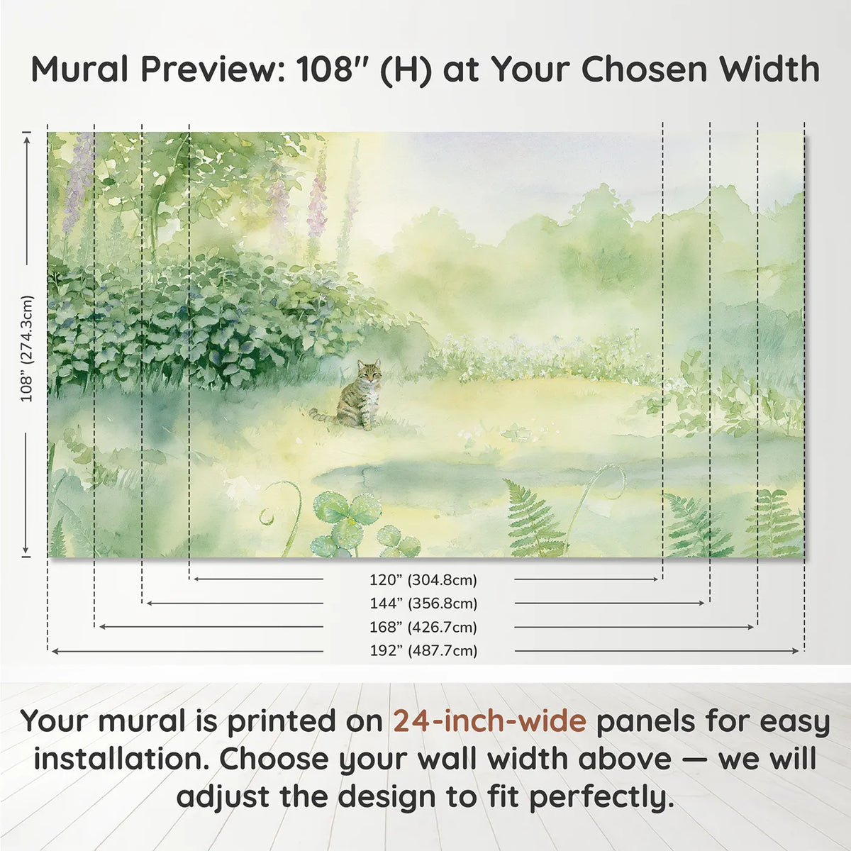 Panel layout and dimensions for Misty Cat Garden Wallpaper Mural by Whimsy Tots