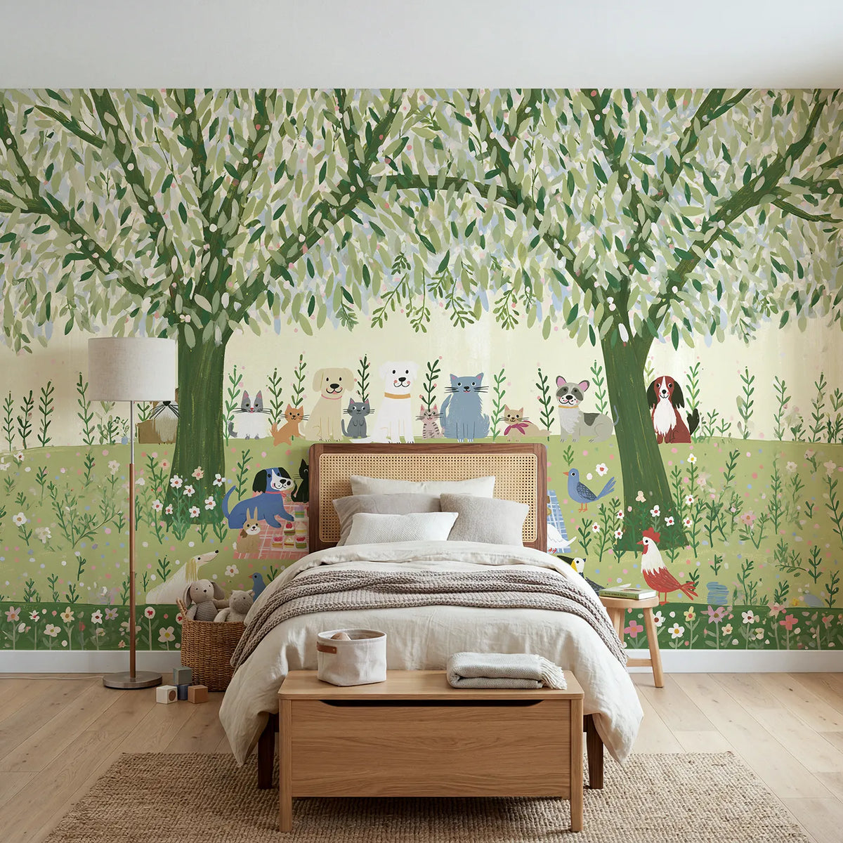 Gouache wall mural of a folk pet alphabet by Whimsy Tots
