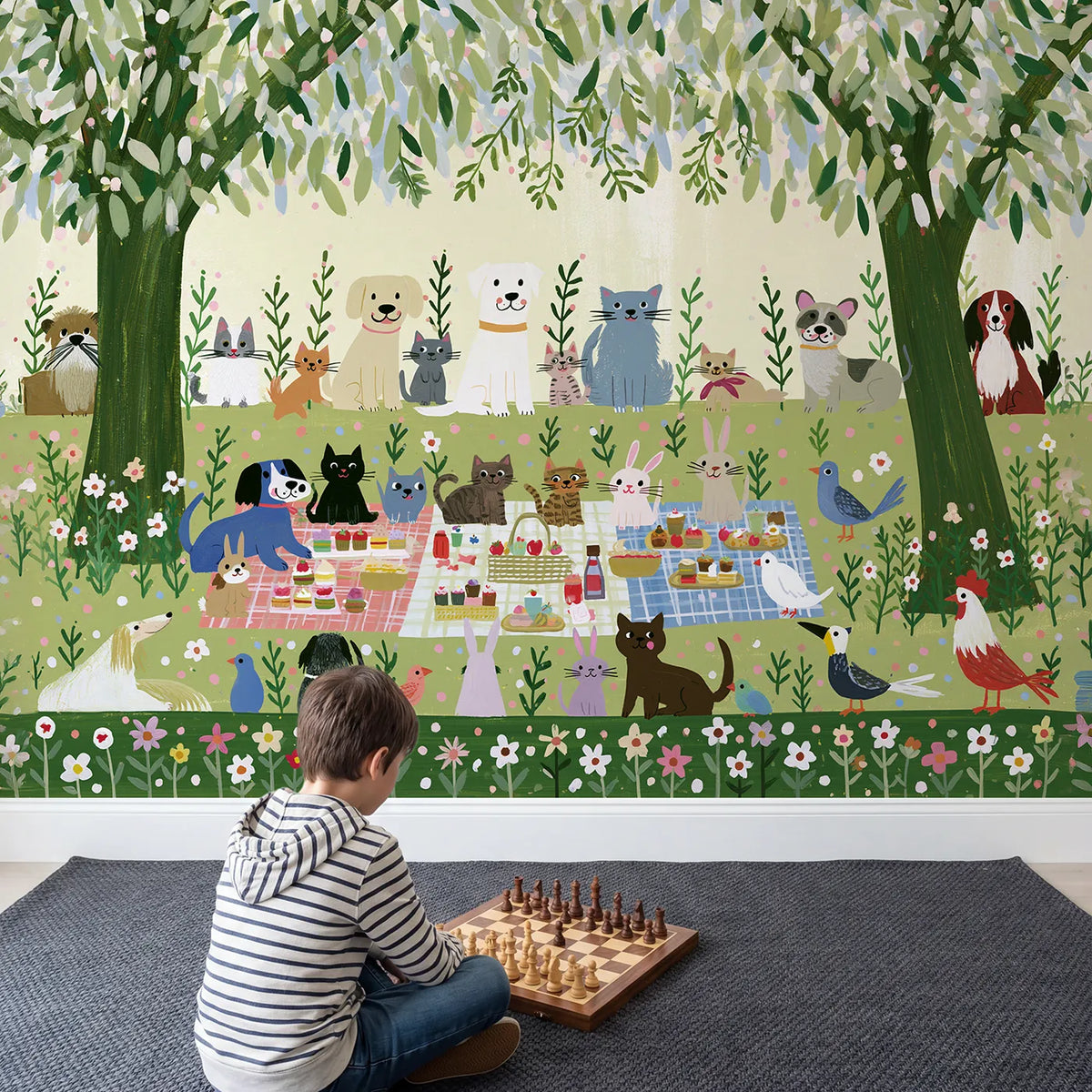 Child in nursery with Folk Pet Picnic Wallpaper Mural by Whimsy Tots