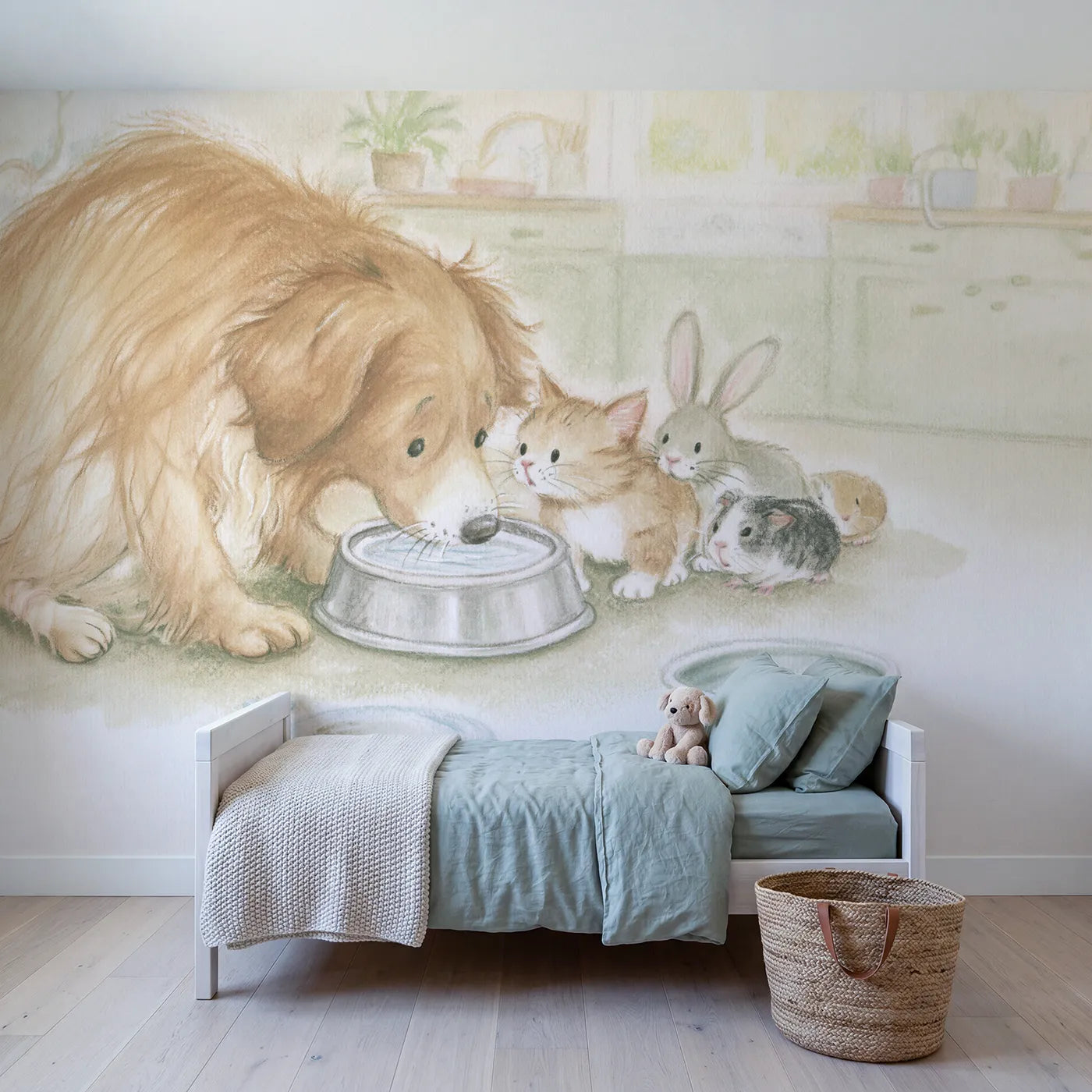 Colored Pencil pets queueing at a single water bowl, wall mural for a rented bedroom by Whimsy Tots