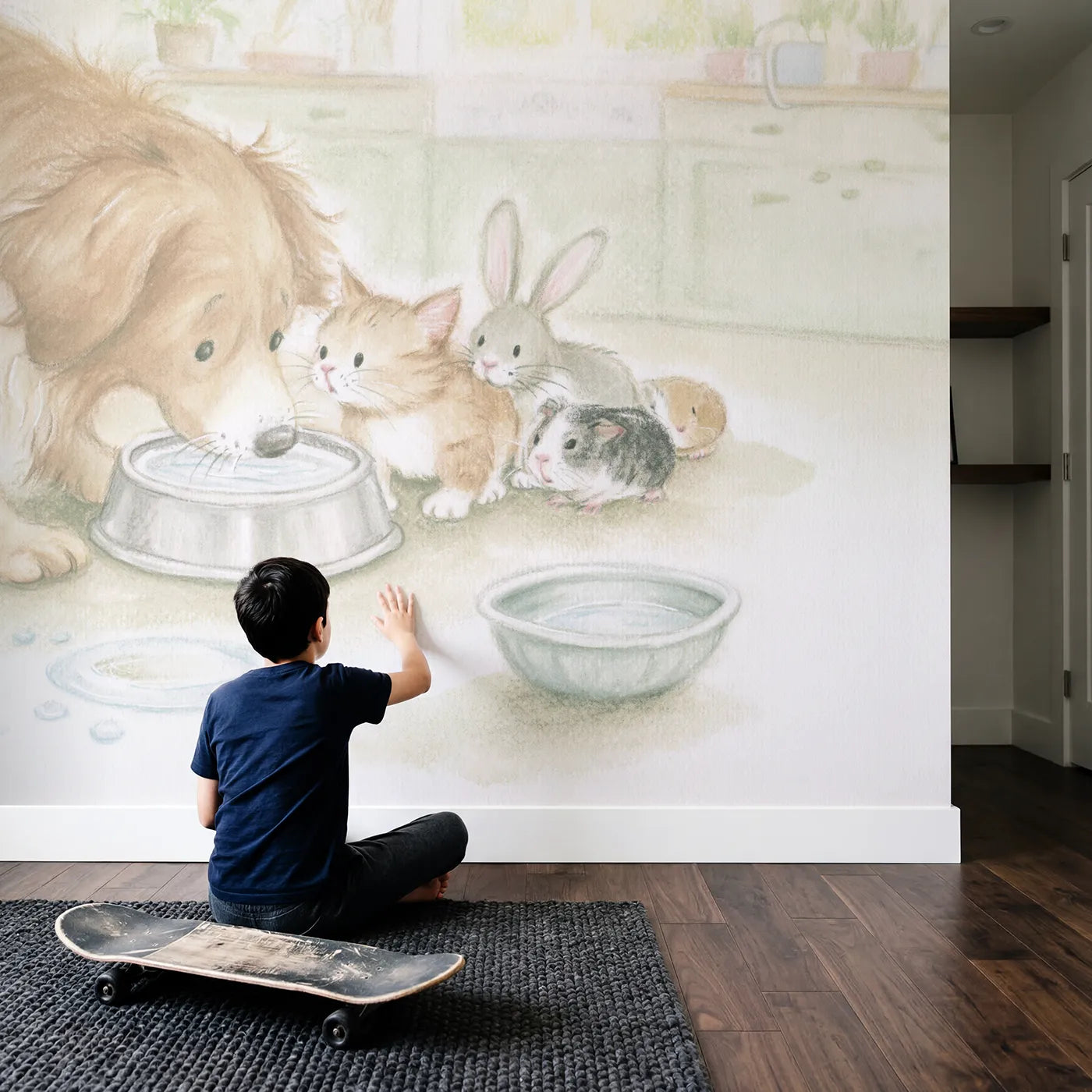 Child in nursery with The Water Bowl Queue Wallpaper Mural by Whimsy Tots