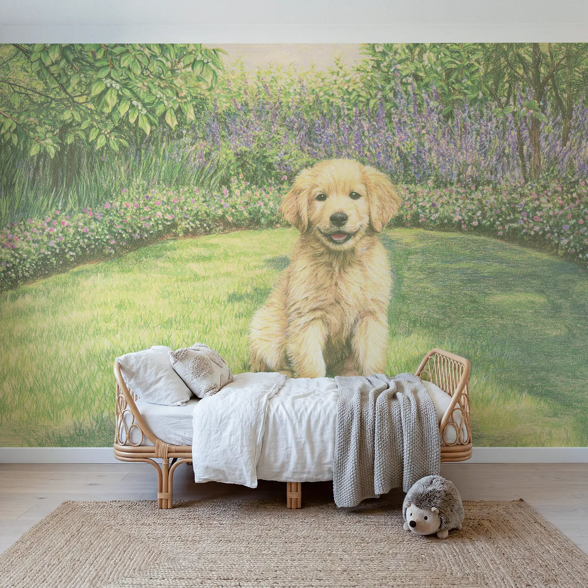 Colored-pencil wall mural of a golden retriever puppy by Whimsy Tots