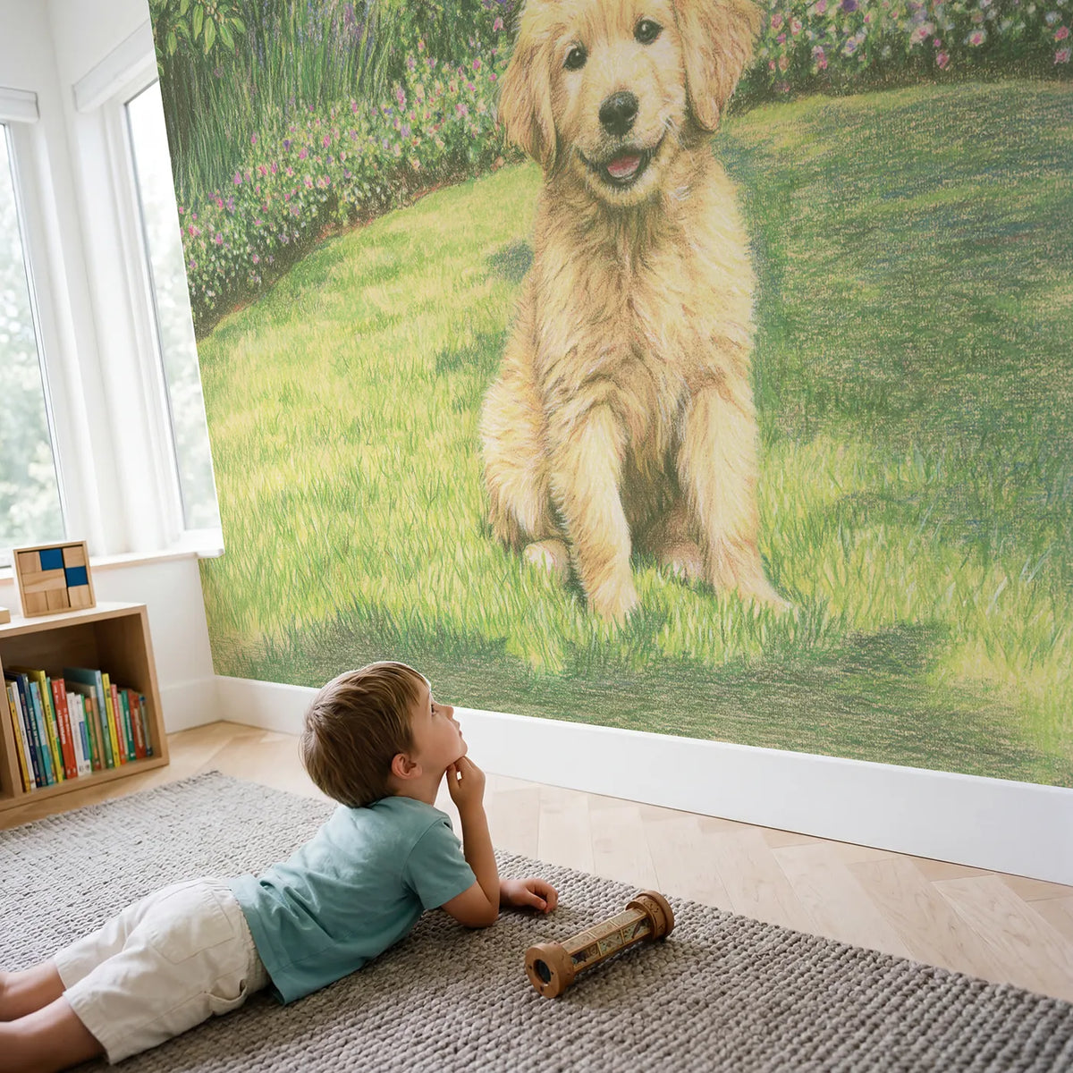 Child in nursery with Golden Retriever Puppy Wallpaper Mural by Whimsy Tots