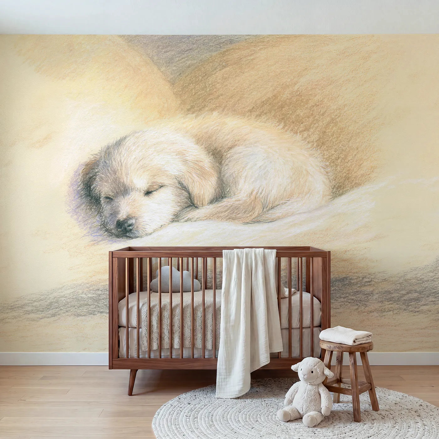 Colored-pencil wall mural of a snug sleeping puppy by Whimsy Tots