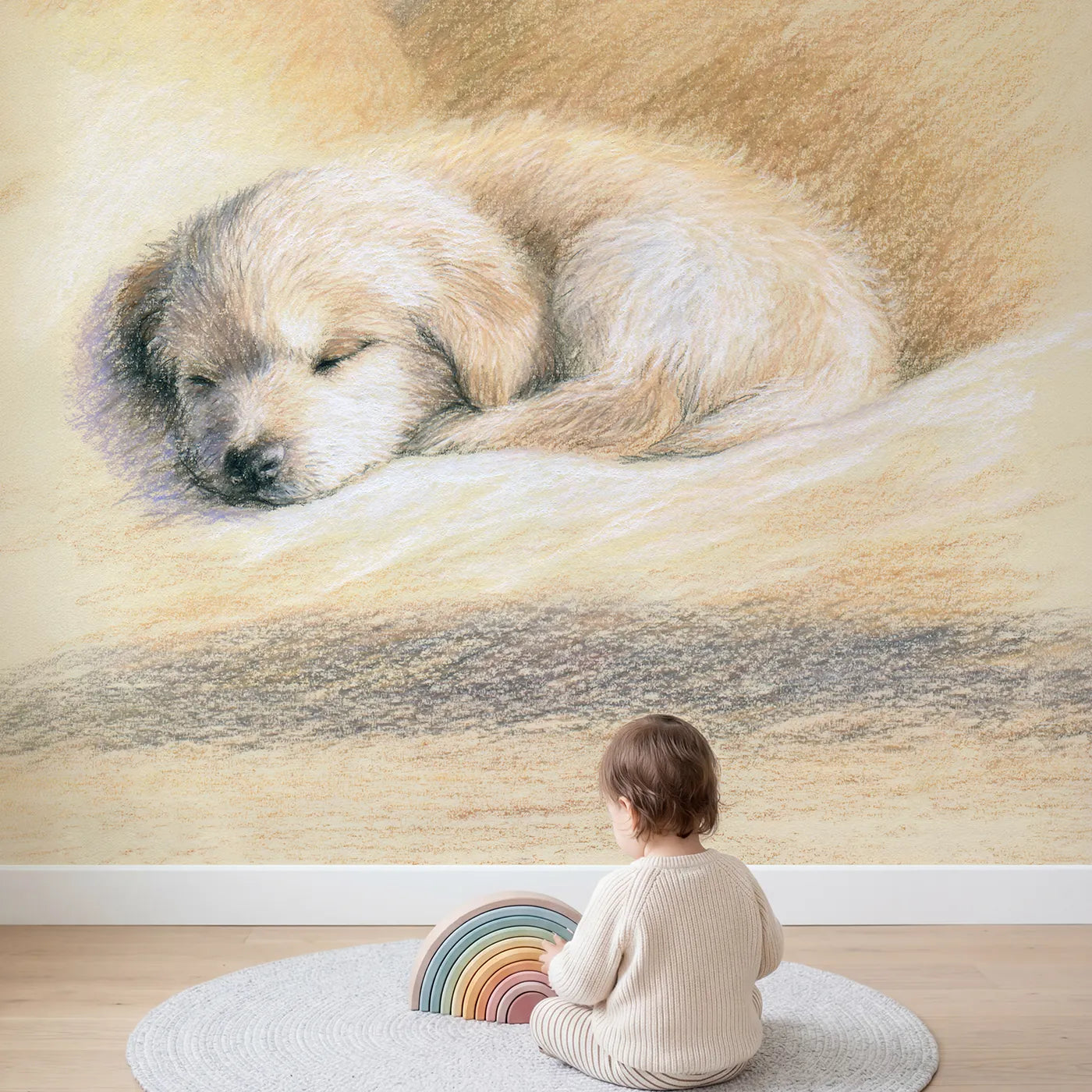 Child in nursery with Snug Sleeping Puppy Wallpaper Mural by Whimsy Tots