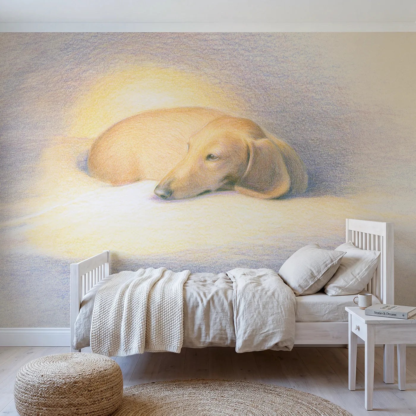 Colored-pencil wall mural of a cozy curled dachshund by Whimsy Tots
