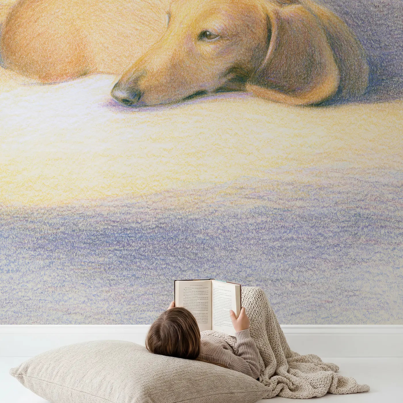 Child in nursery with Cozy Curled Dachshund Wallpaper Mural by Whimsy Tots
