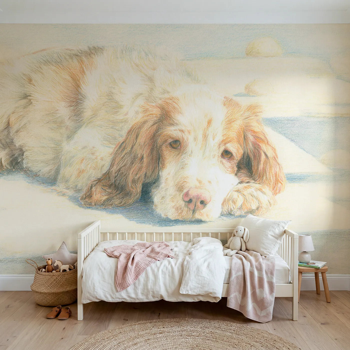 Colored-pencil wall mural of a soft spaniel pup by Whimsy Tots
