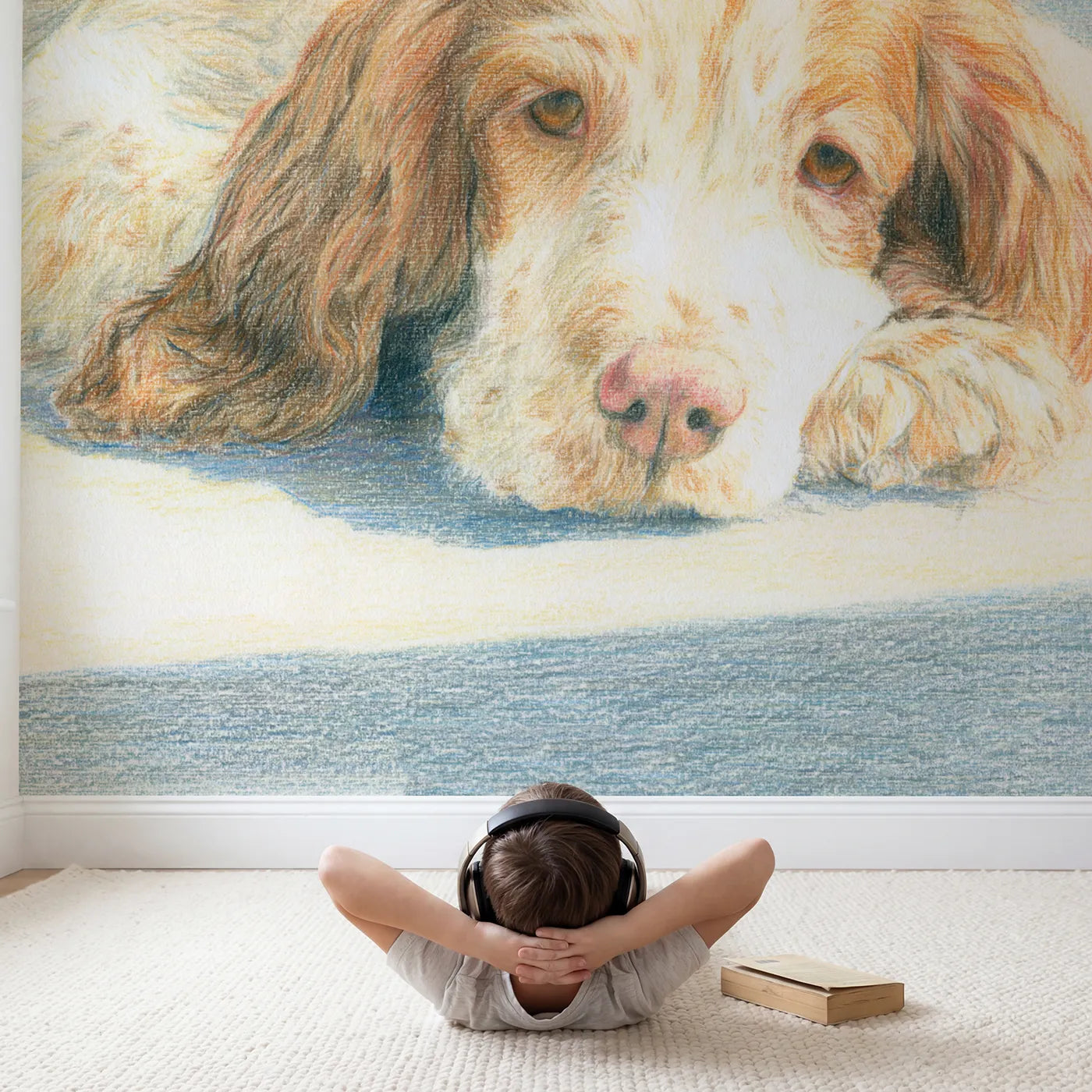 Child in nursery with Soft Spaniel Pup Wallpaper Mural by Whimsy Tots