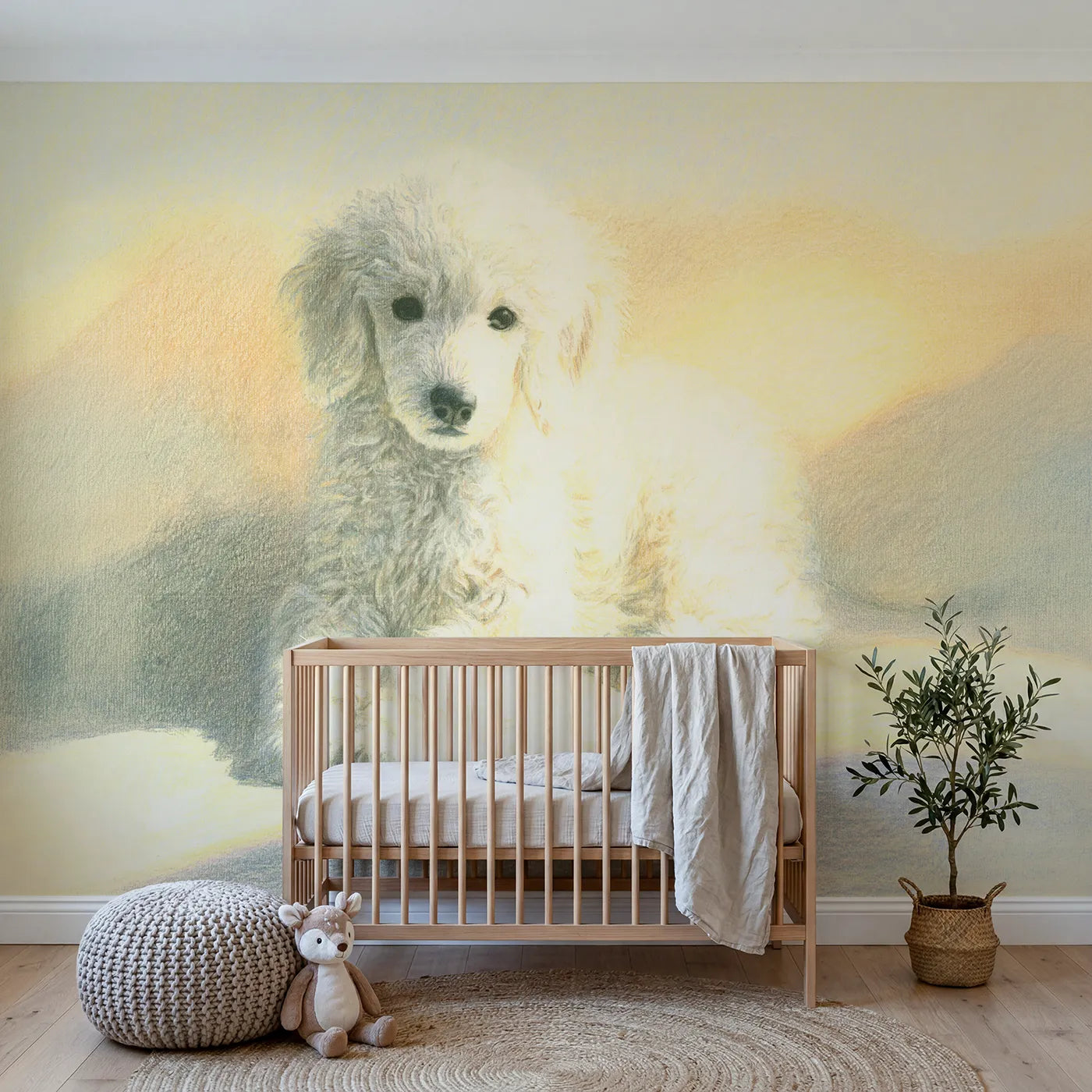 Colored-pencil wall mural of a fluffy poodle pup by Whimsy Tots