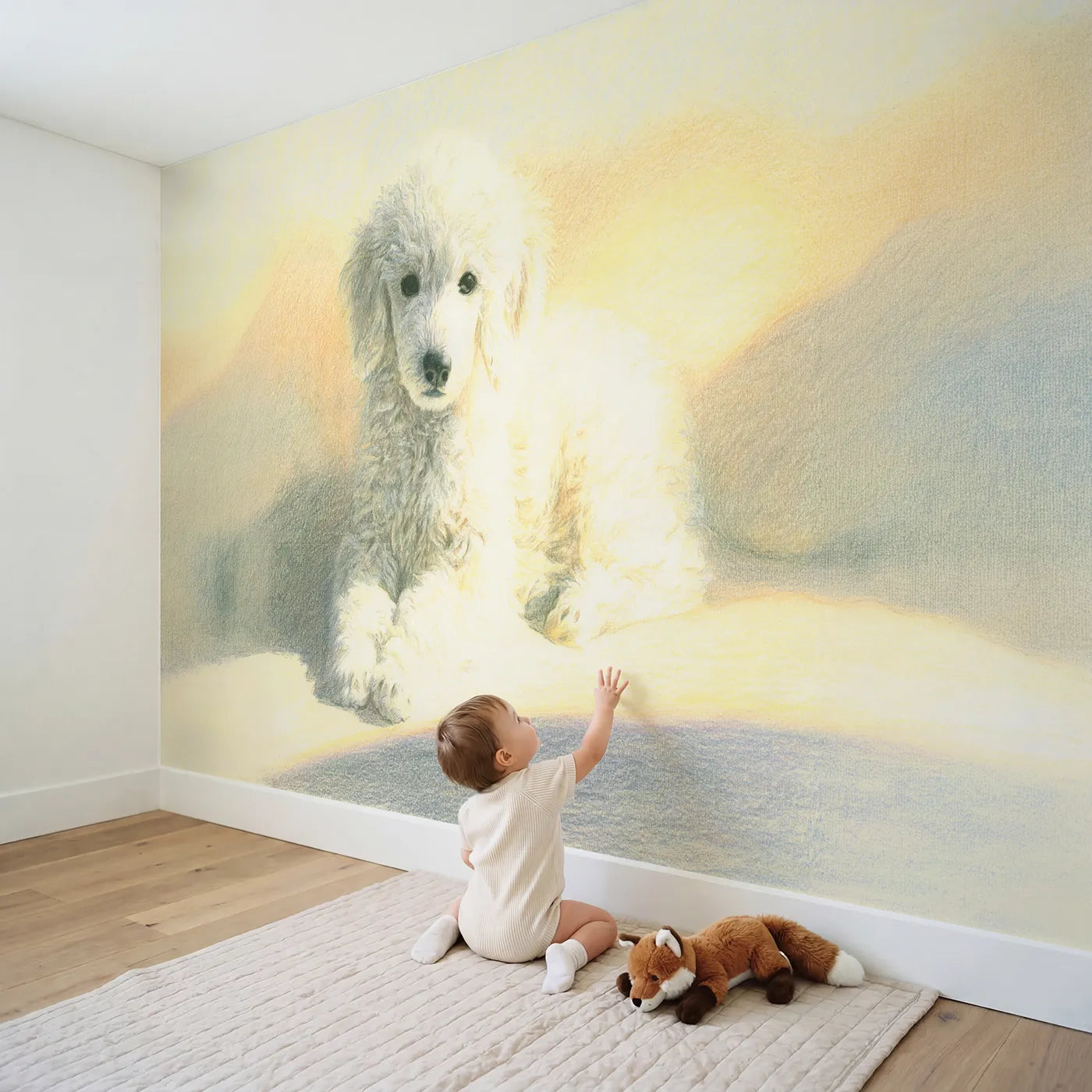 Child in nursery with Fluffy Poodle Pup Wallpaper Mural by Whimsy Tots