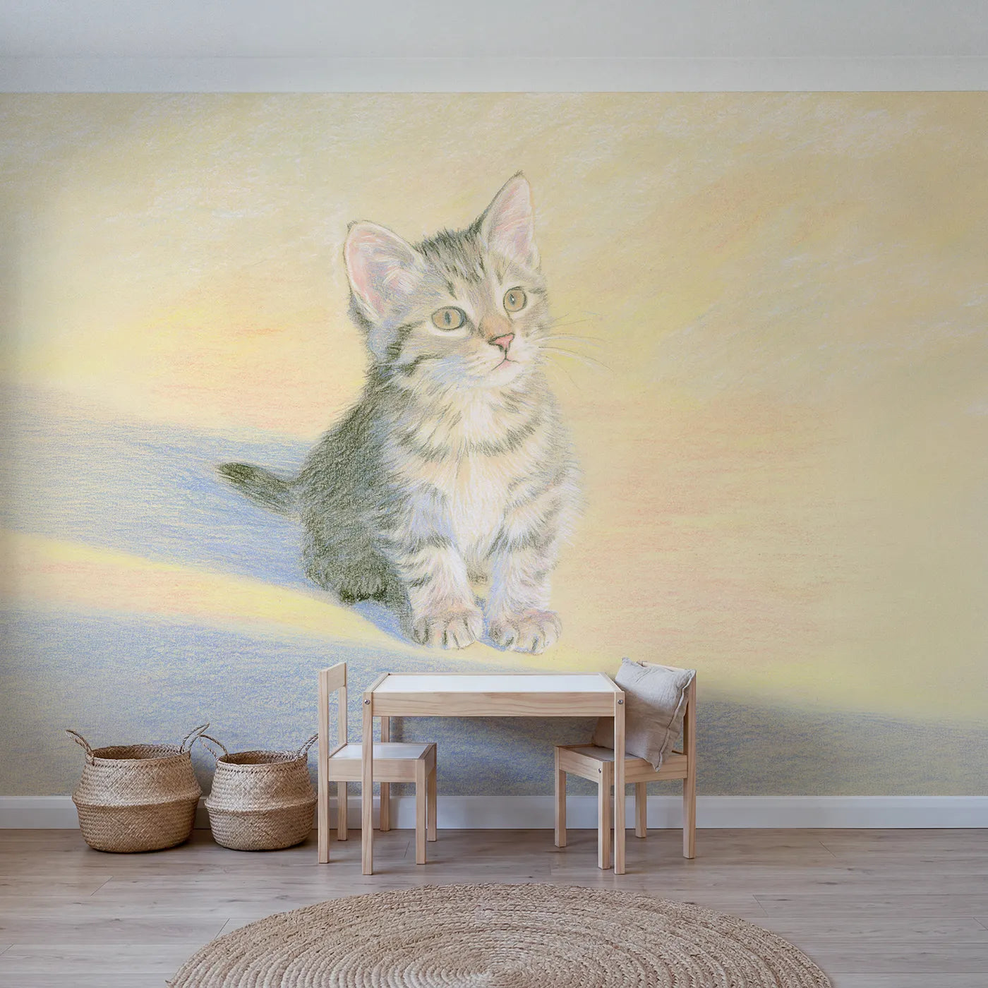 Colored-pencil wall mural of a curious tabby kitten by Whimsy Tots