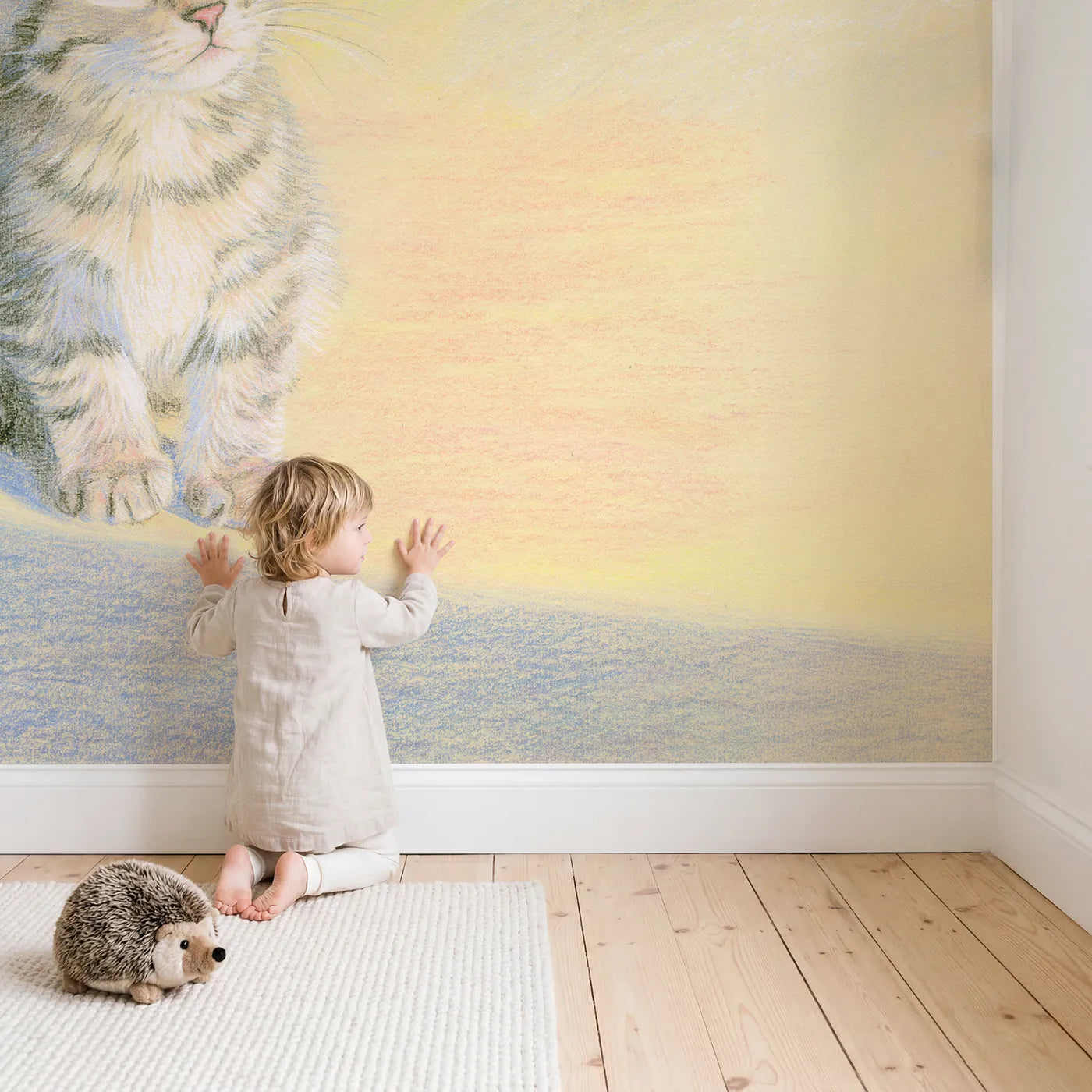 Child in nursery with Curious Tabby Kitten Wallpaper Mural by Whimsy Tots