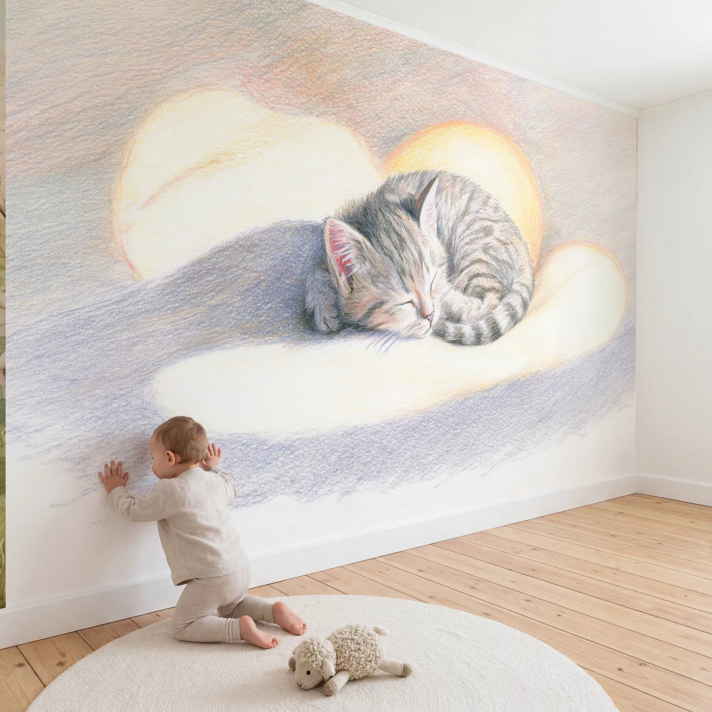 Child in nursery with Sleepy Curled Kitten Wallpaper Mural by Whimsy Tots
