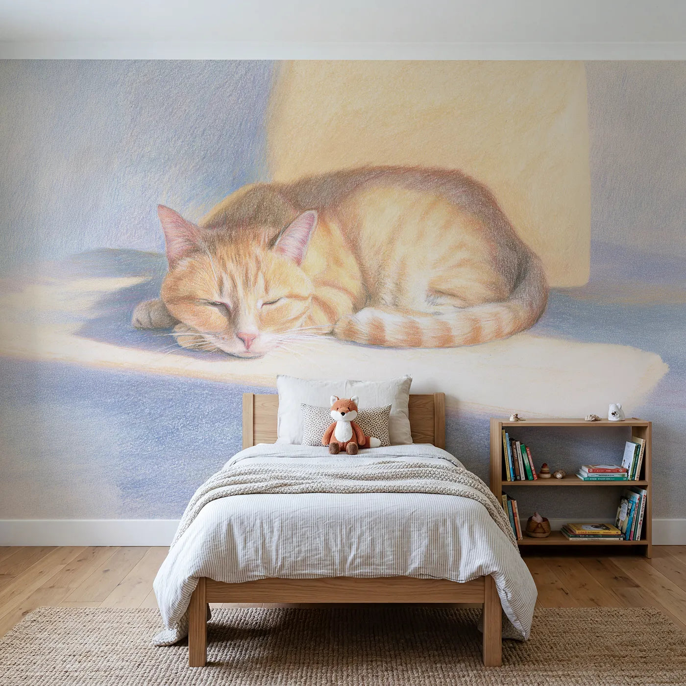 Colored-pencil wall mural of a ginger cat at rest by Whimsy Tots