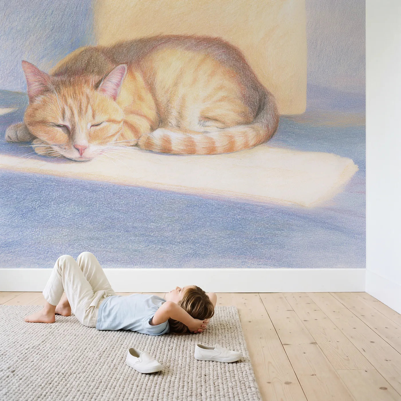 Child in nursery with Ginger Cat at Rest Wallpaper Mural by Whimsy Tots