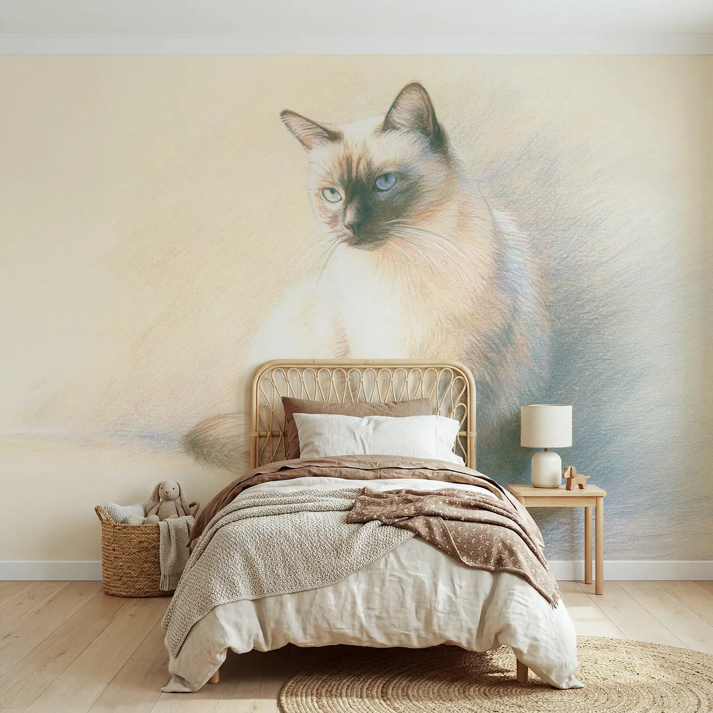 Colored-pencil wall mural of a gentle siamese cat by Whimsy Tots