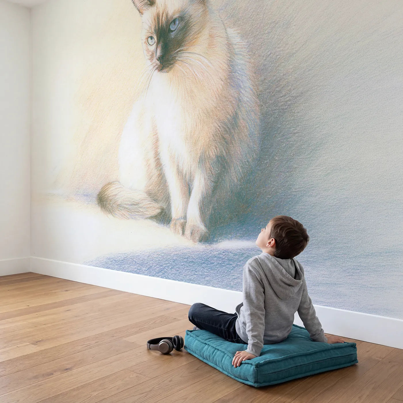 Child in nursery with Gentle Siamese Cat Wallpaper Mural by Whimsy Tots