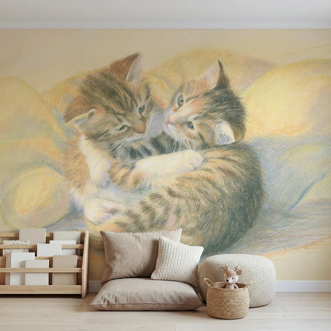 Colored-pencil wall mural of two playful kittens by Whimsy Tots