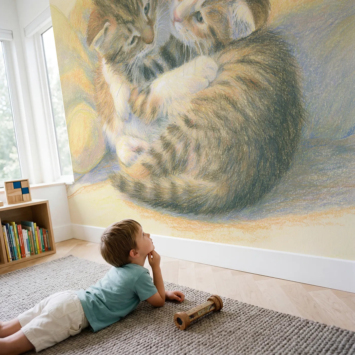 Child in nursery with Two Playful Kittens Wallpaper Mural by Whimsy Tots