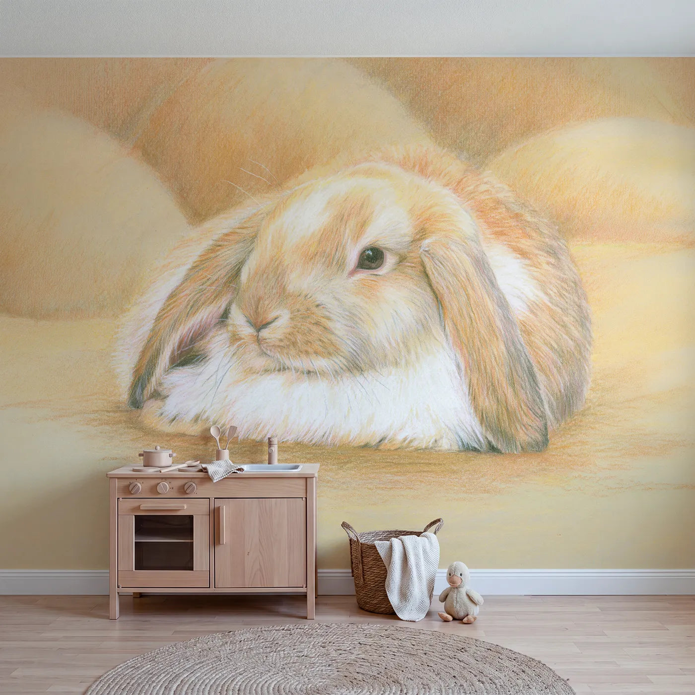 Colored-pencil wall mural of a soft lop bunny by Whimsy Tots