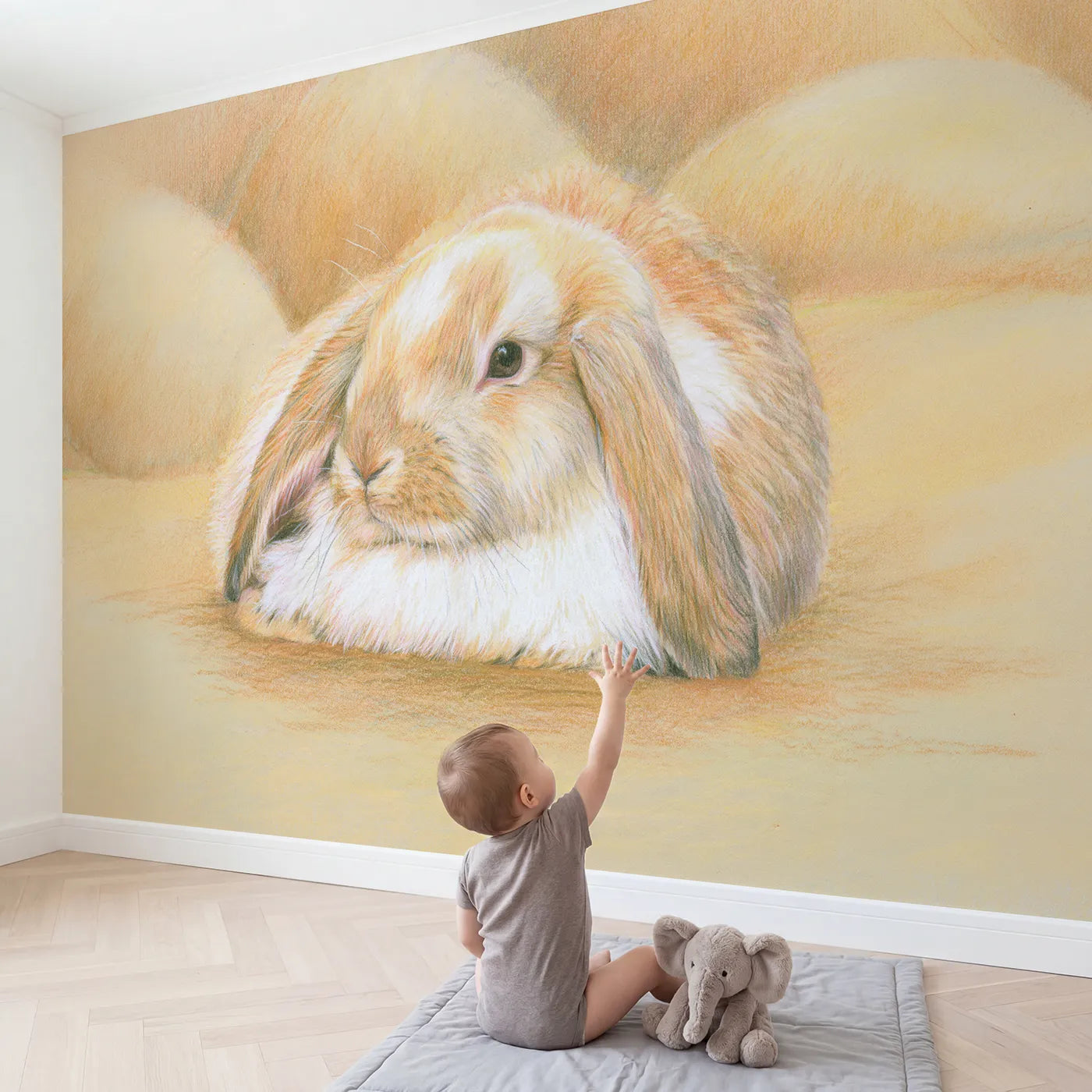 Child in nursery with Soft Lop Bunny Wallpaper Mural by Whimsy Tots