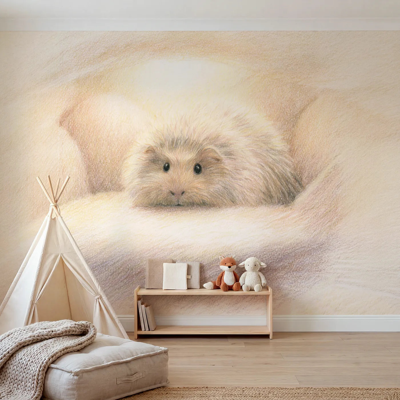 Colored-pencil wall mural of a little guinea pig by Whimsy Tots