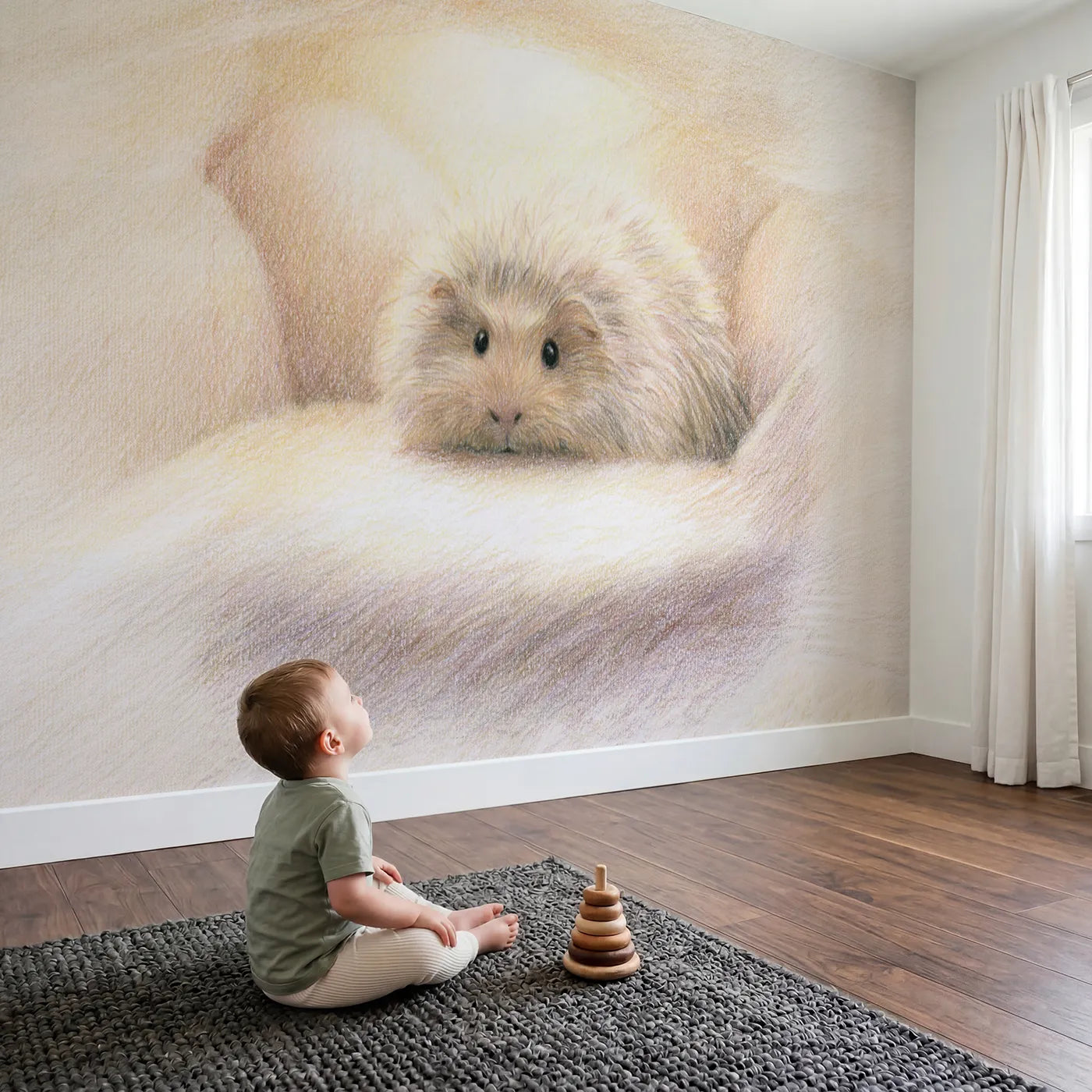 Child in nursery with Little Guinea Pig Wallpaper Mural by Whimsy Tots