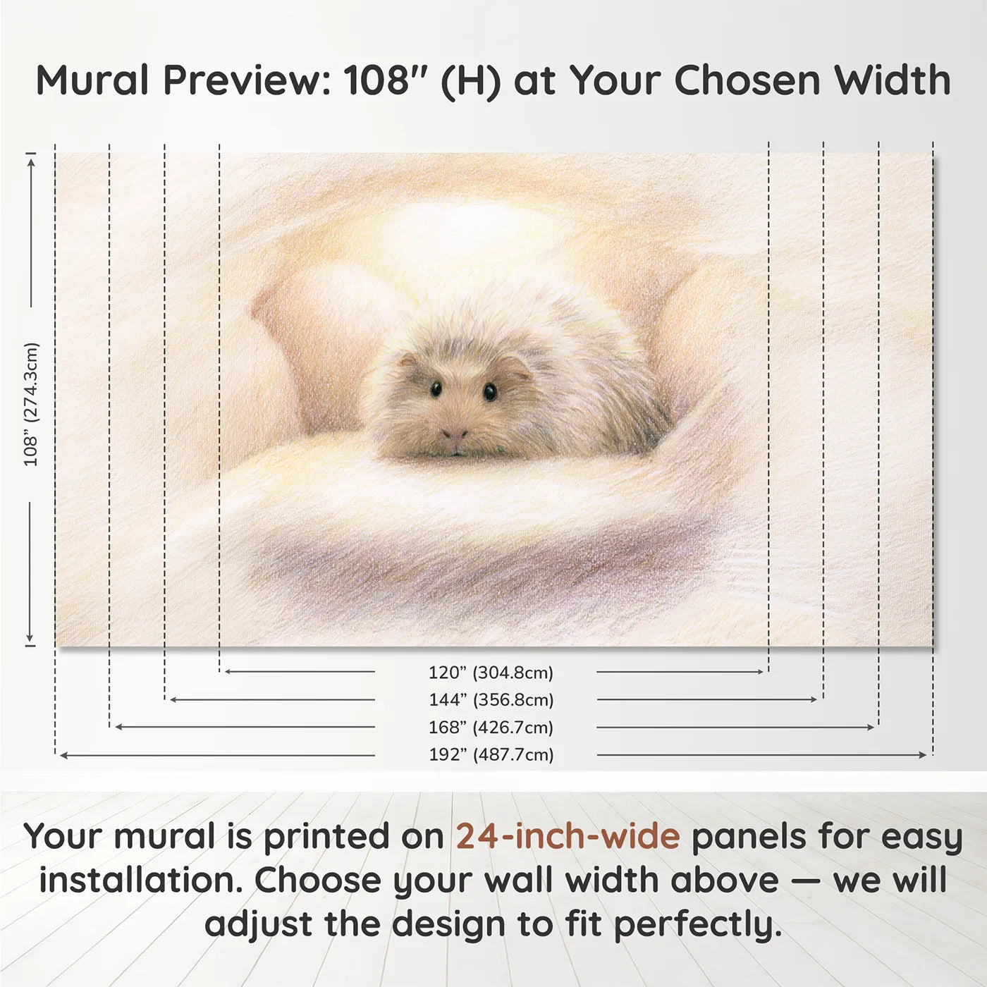 Panel layout and dimensions for Little Guinea Pig Wallpaper Mural by Whimsy Tots