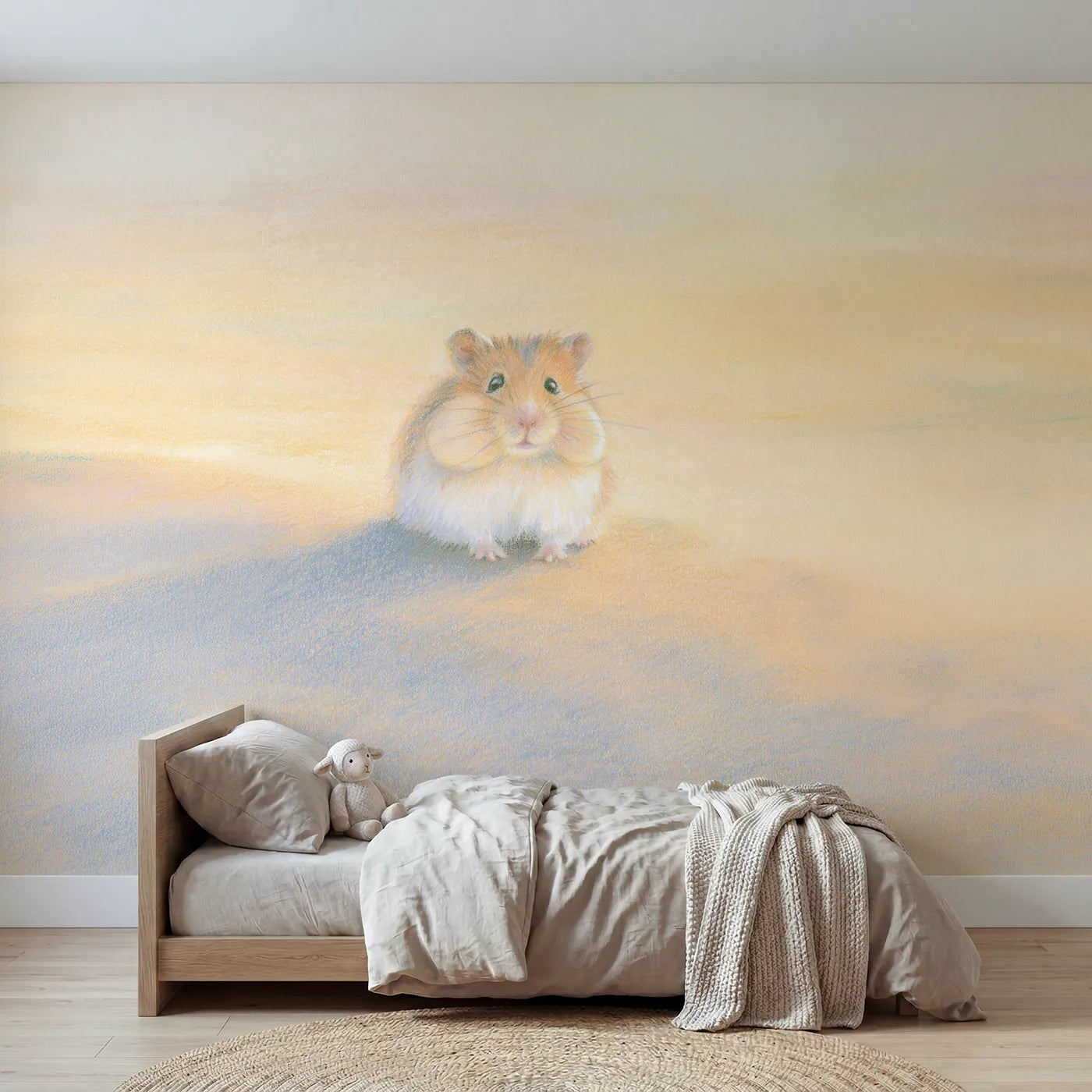 Colored-pencil wall mural of a tiny hamster friend by Whimsy Tots