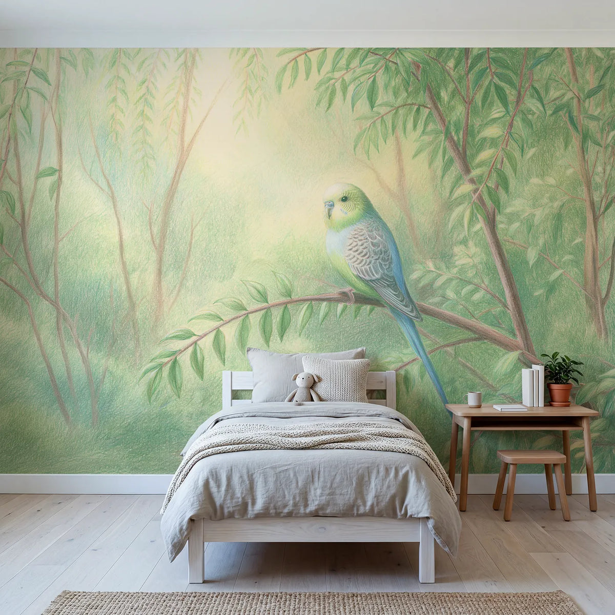Colored-pencil wall mural of a pet parakeet perch by Whimsy Tots