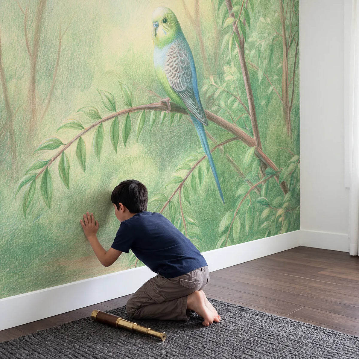 Child in nursery with Pet Parakeet Perch Wallpaper Mural by Whimsy Tots