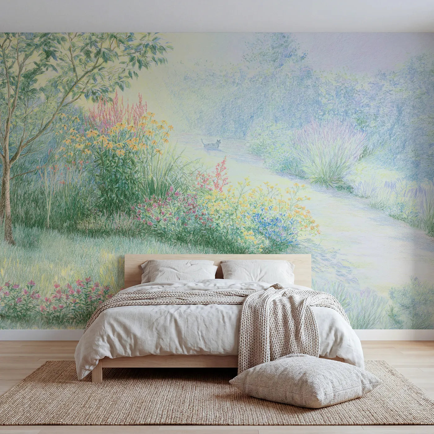 Colored-pencil wall mural of a sunny garden corner by Whimsy Tots