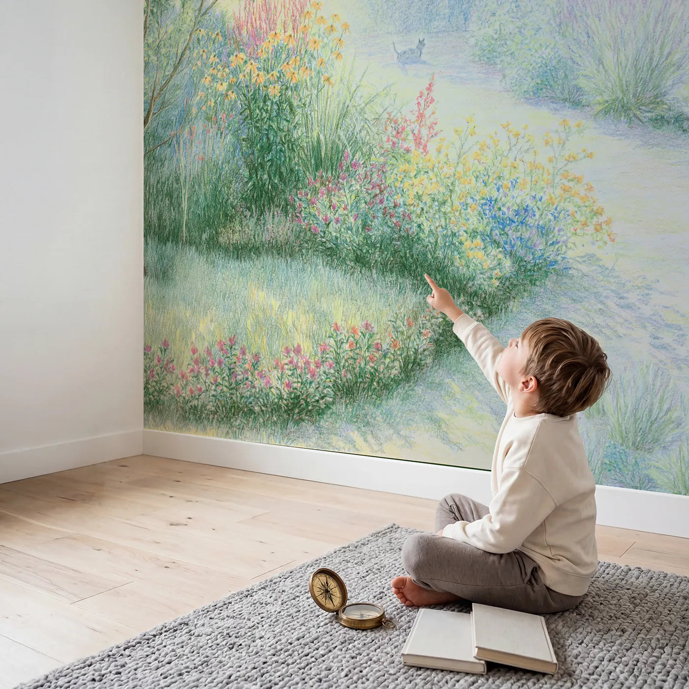 Child in nursery with Sunny Garden Pet Corner Wallpaper Mural by Whimsy Tots