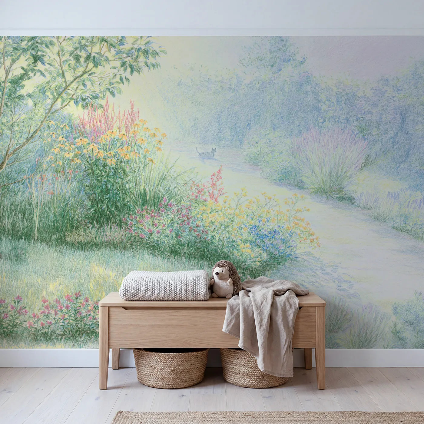 Sunny Garden Pet Corner Wallpaper Mural in playroom setting by Whimsy Tots