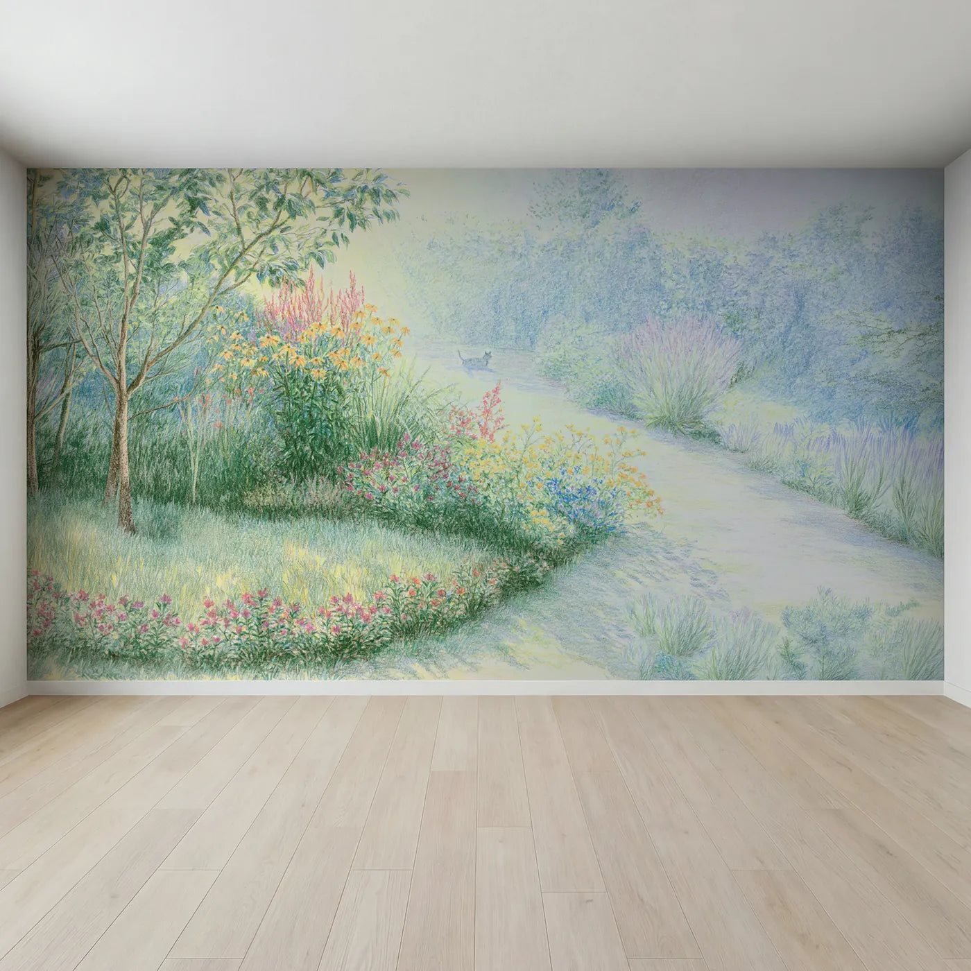 Full view of Sunny Garden Pet Corner Wallpaper Mural by Whimsy Tots