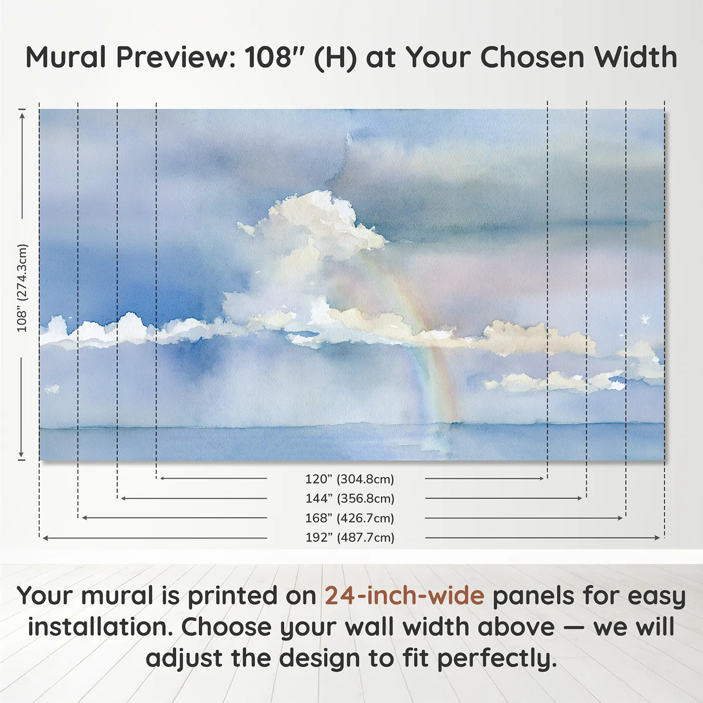 Panel layout and dimensions for Midday Rainbow Shower Wallpaper Mural by Whimsy Tots
