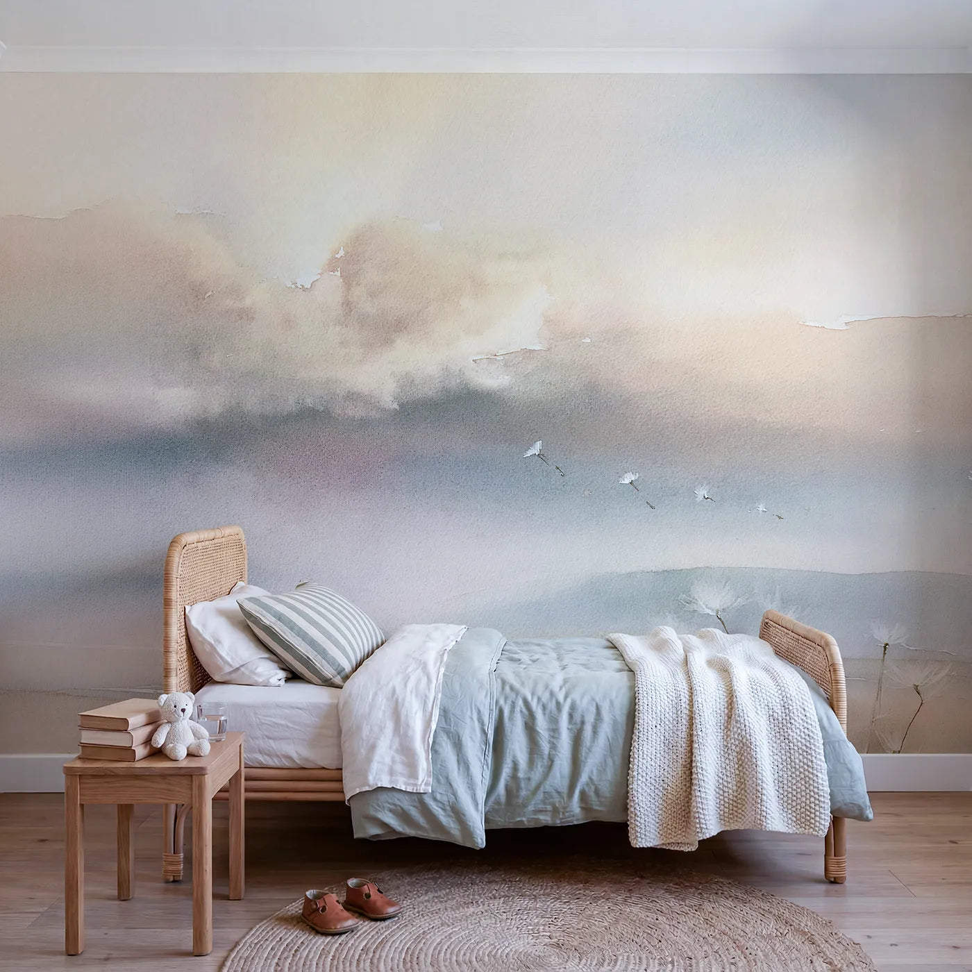 Watercolor wall mural of a golden hour sky by Whimsy Tots